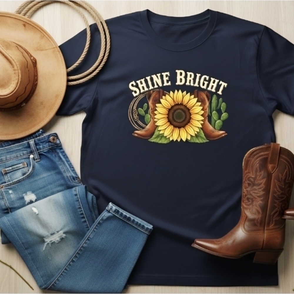 Shine Bright Sunflower Western Tee • Cowboy Boots Cactus Graphic Shirt • Country